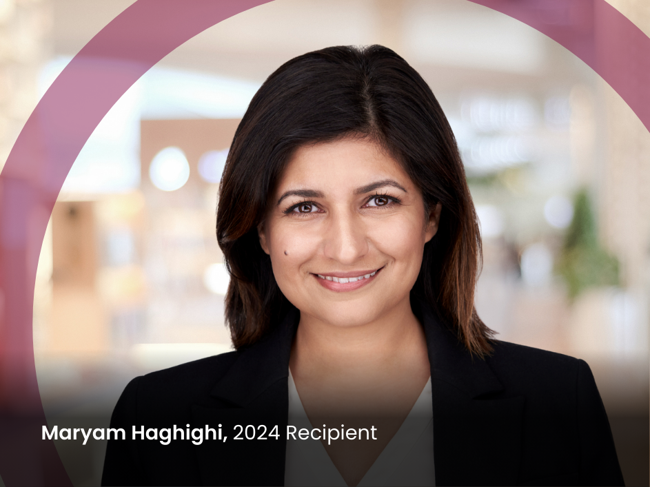 Headshot of Maryam Haghighi, a smiling woman wearing a black suit with '2024 recipient' text.