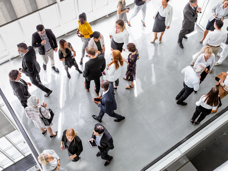 An overhead view of professionals in an office building.
