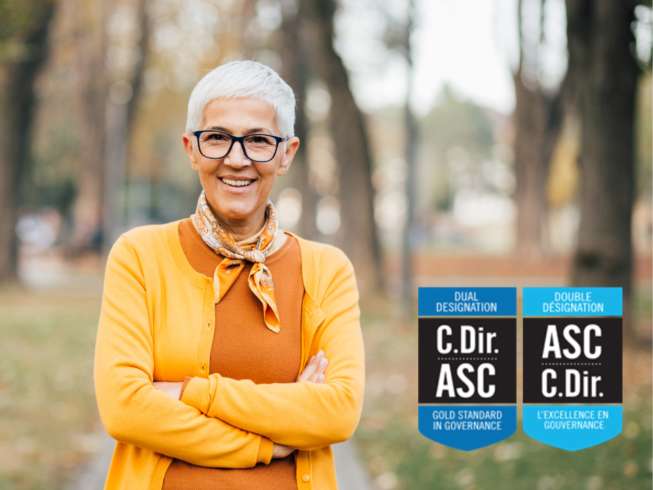 A smiling older woman next to two 'Dual Designation C.Dir. ASC' and 'Double Designation ASC C.Dir.' badges.