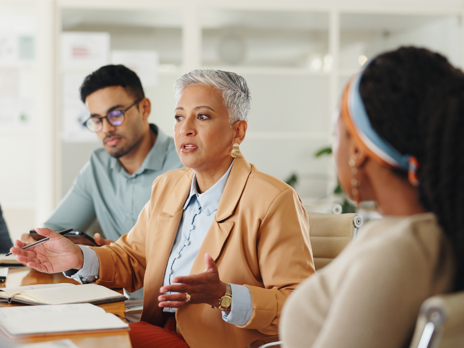 A senior professional woman addresses her colleagues during a business meeting.